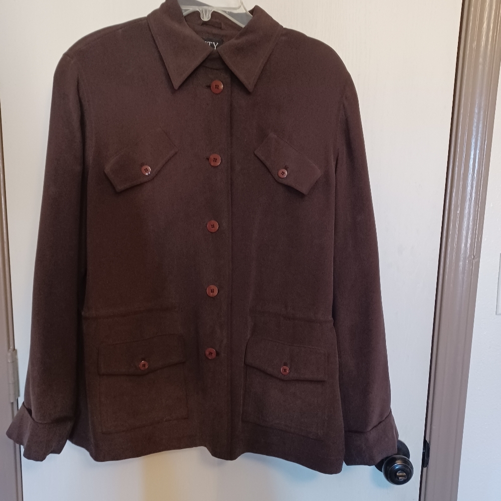 City Silk Brown Woman's Button Up Sinch Waist Blazer Sz 14